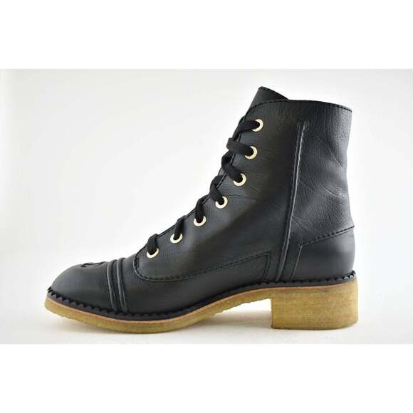 Chanel 20P Black Calfskin Leather CC Combat Lace Up Biker Ankle Short Boots 38 - Picture 8 of 9